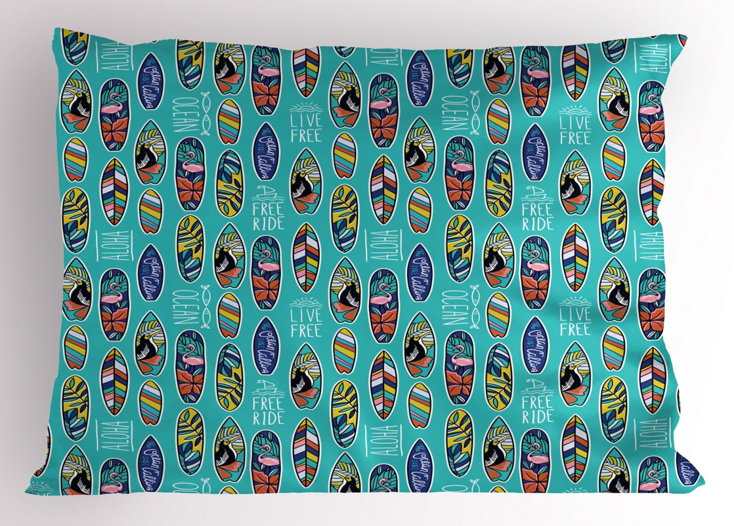Surfboard Pillow Sham Aloha Hawaii Live Free Ocean Water Sports