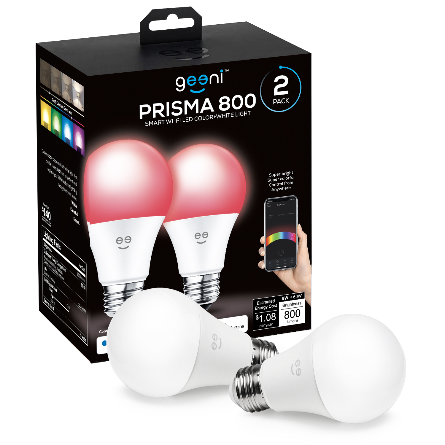 Geeni Prisma 800 Smart RGBW LED Light Bulb, Dimmable, A19/E26, Color Changing, 2-Pack