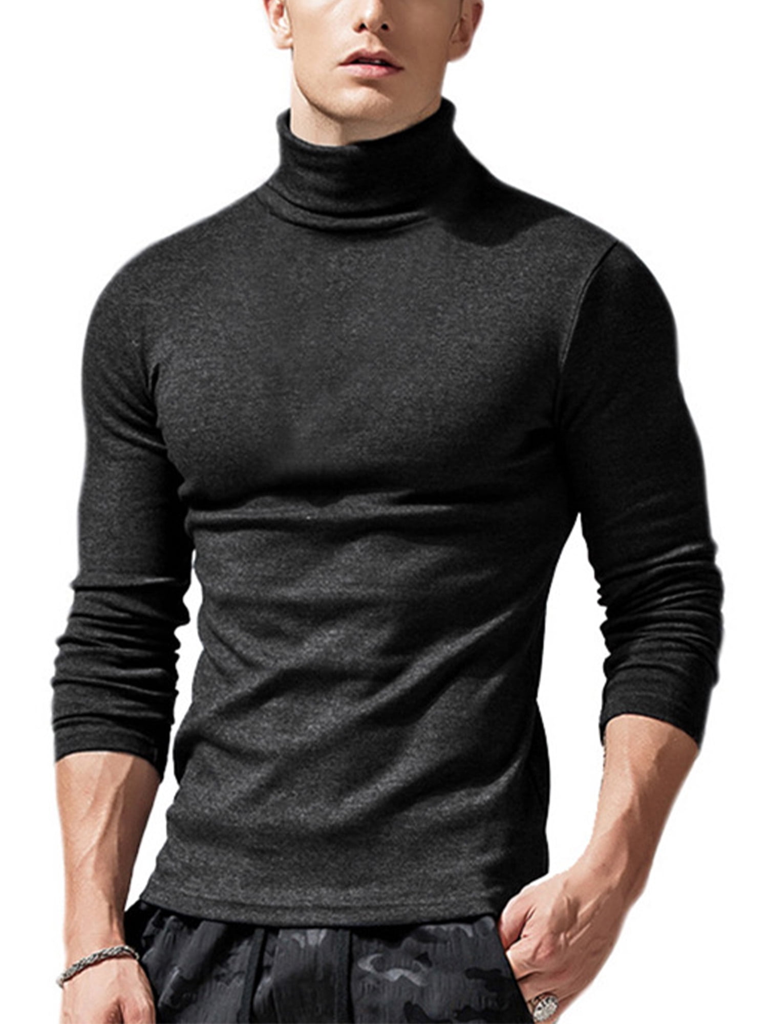 XQS Men Long Sleeved Pullover Turtle Neck Tees Relaxed Fit Fall Winter Top