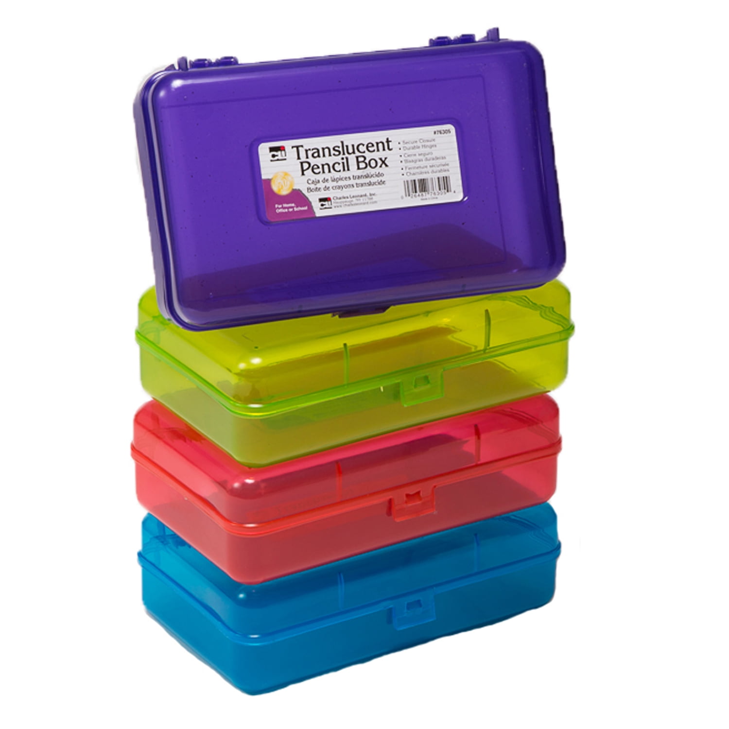Charles Leonard Pencil Box School Storage Box 8-1/4"W x 5-1/4"D x 2-1/2"H Translucent Assorted Colors, Pack of 3