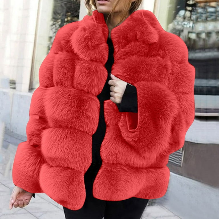 Herrnalise Women s Faux Fur Coat Shearling Fluffy Fuzzy Shaggy Hood Sherpa Lined Fleece Jacket Red XXXL