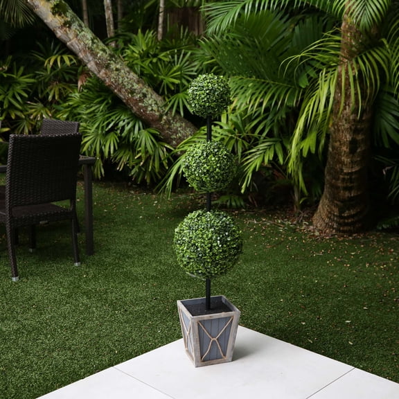 Nearly Natural LED Lighted Triple Boxwood Ball Artificial Potted Topiary Tree - 3.75' - Clear