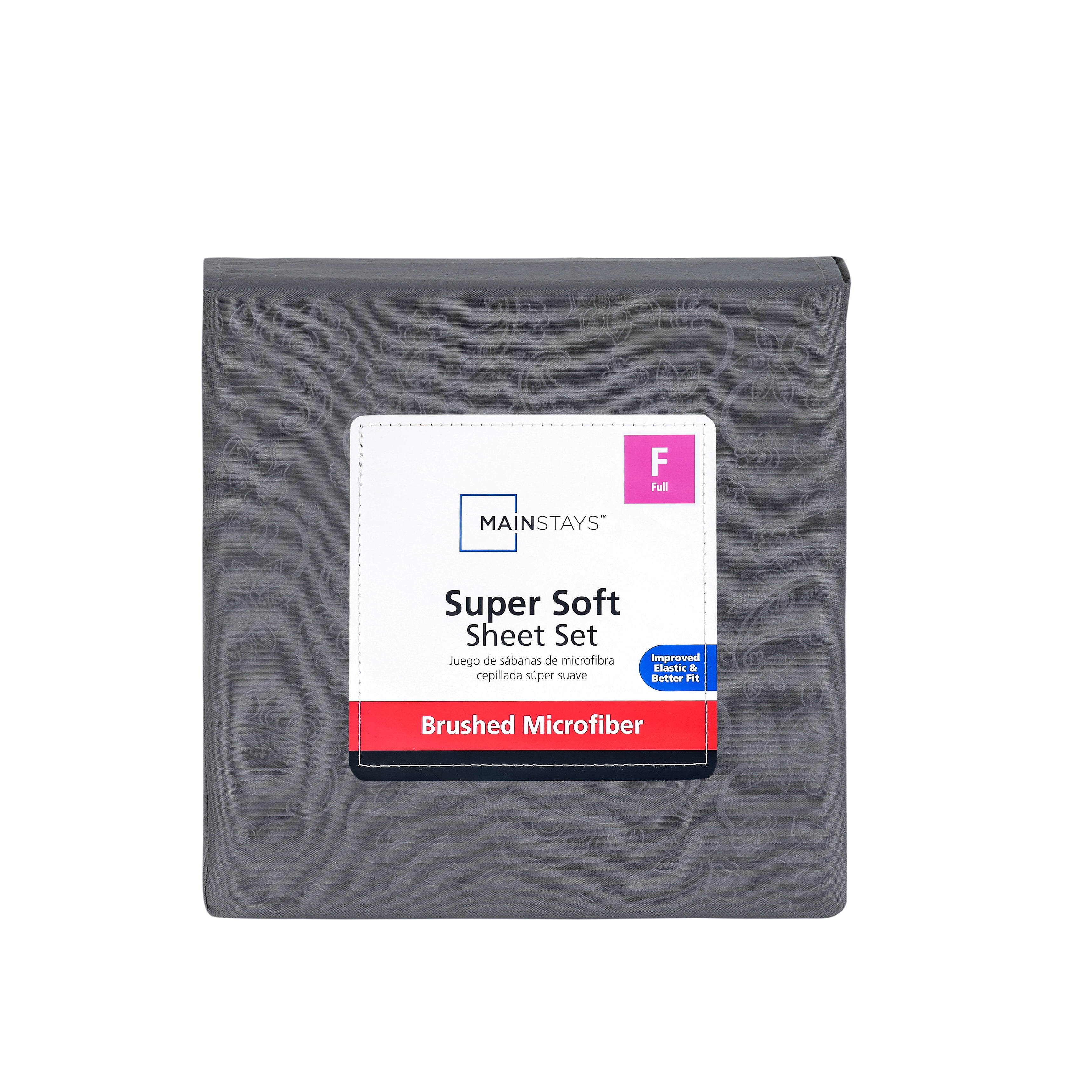 Mainstays Super Soft Brushed Microfiber Bed Sheet Set, Grey Embossed Hayden Paisley, Full, 4 Piece