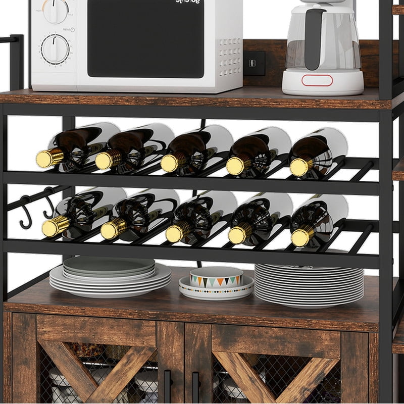 Uforic 6 Tier Kitchen Bakers Rack with Power Outlets, Coffee Bar Table with Wine Rack & Glass Holder, Storage Microwave Stand Kitchen Storage Shelf for Kitchen,Brown