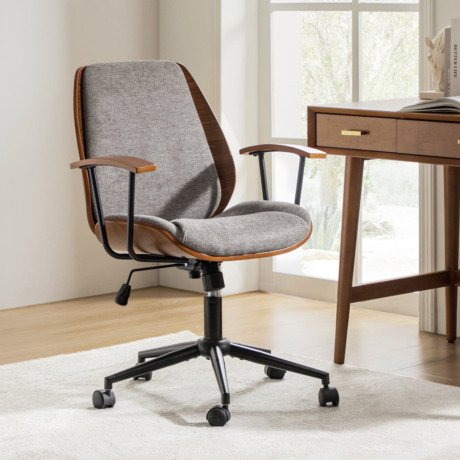 Ergonomic Adjustable Swivel Office Chair with Solid Wood Backrest and Premium Comfort Tan Cushion for Home Workplace