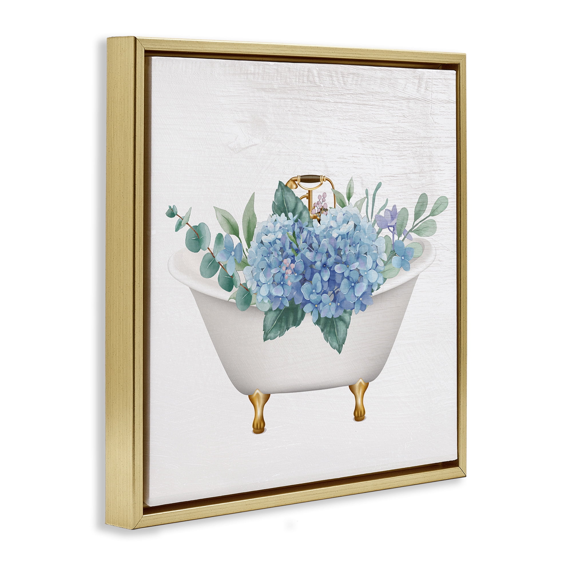 Stupell Industries Chic Bathtub with Hydrangea Blossoms Botanical & Floral Painting Gold Floater Framed Canvas Art Print Wall Art, 25 x 25