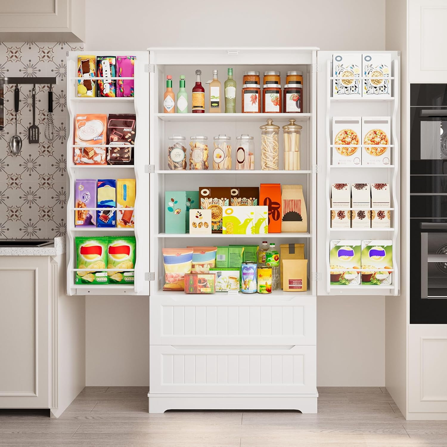 71" Tall Kitchen Pantry Cabinet with Drawers for Dining Room, Noelse Food Pantry Storage Cabinet with 8 Door Shelves for Snack and Spice, Large Craft Storage Cabinet for Craft Room, White, Painted