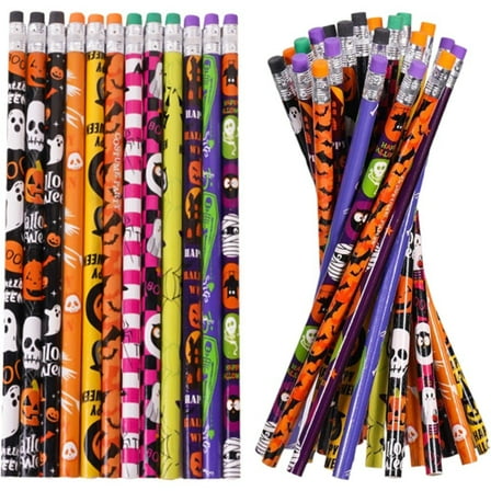 48pcs Halloween Themed Wooden Pencils with Eraser Top Holiday Party Stationery Supplies