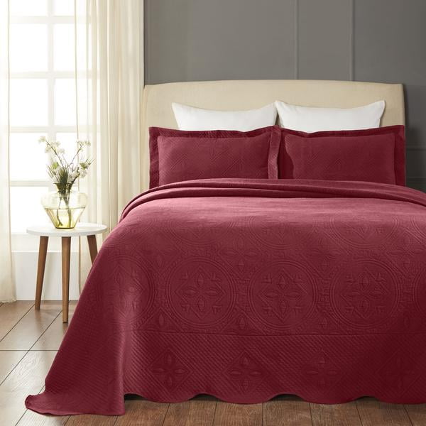 Superior Scalloped Bedspread Celtic Circles Design Burgundy 3-pc Queen Cotton 