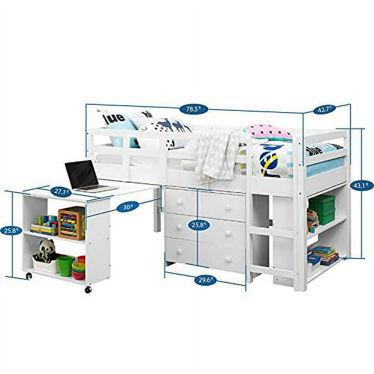 Twin Size Bed Study Kids Loft Bed with Desk and Storage Space