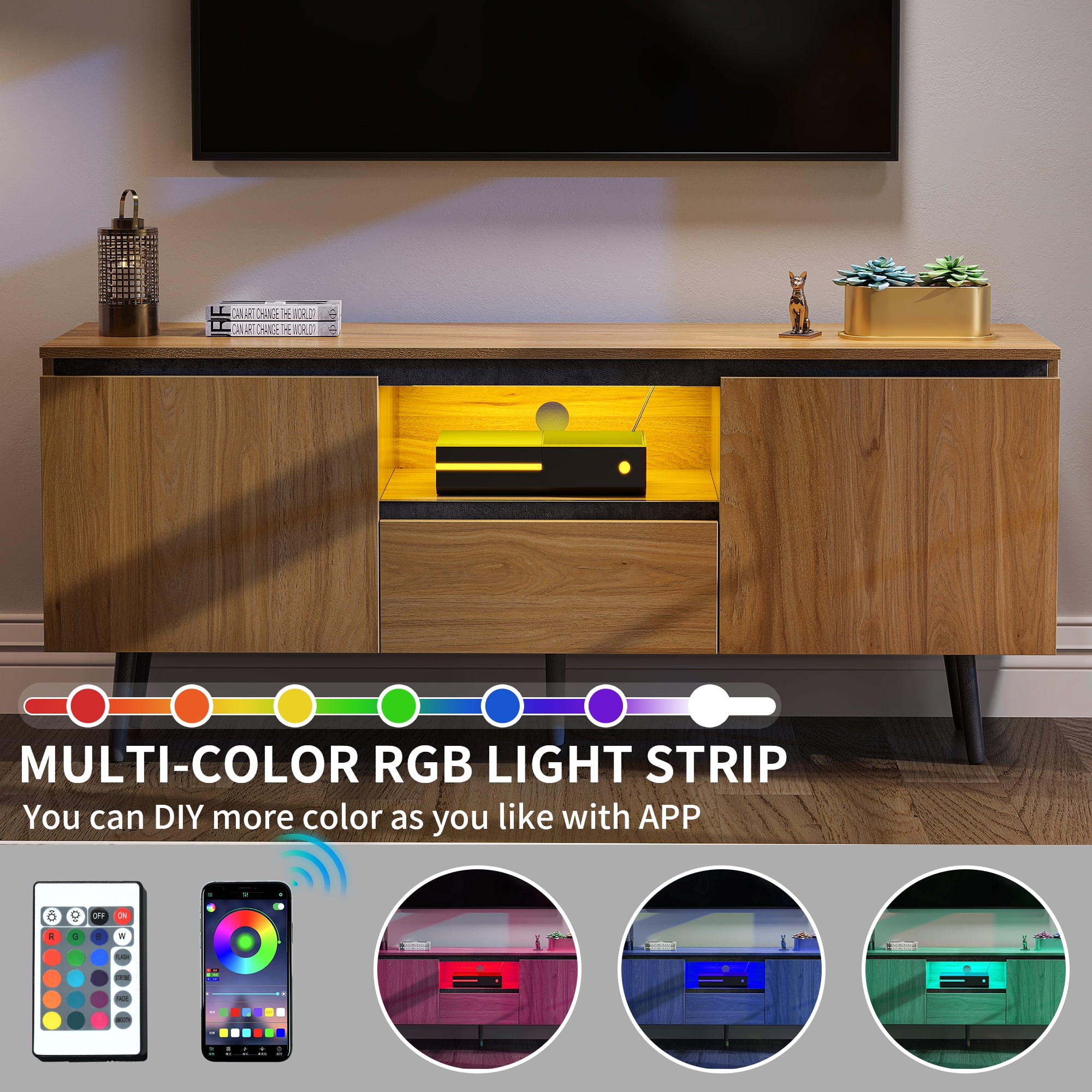 Dextrus Farmhouse TV Stand Wood TV Media Console Entertainment Center with LED Lights for TVs Up to 65 inch