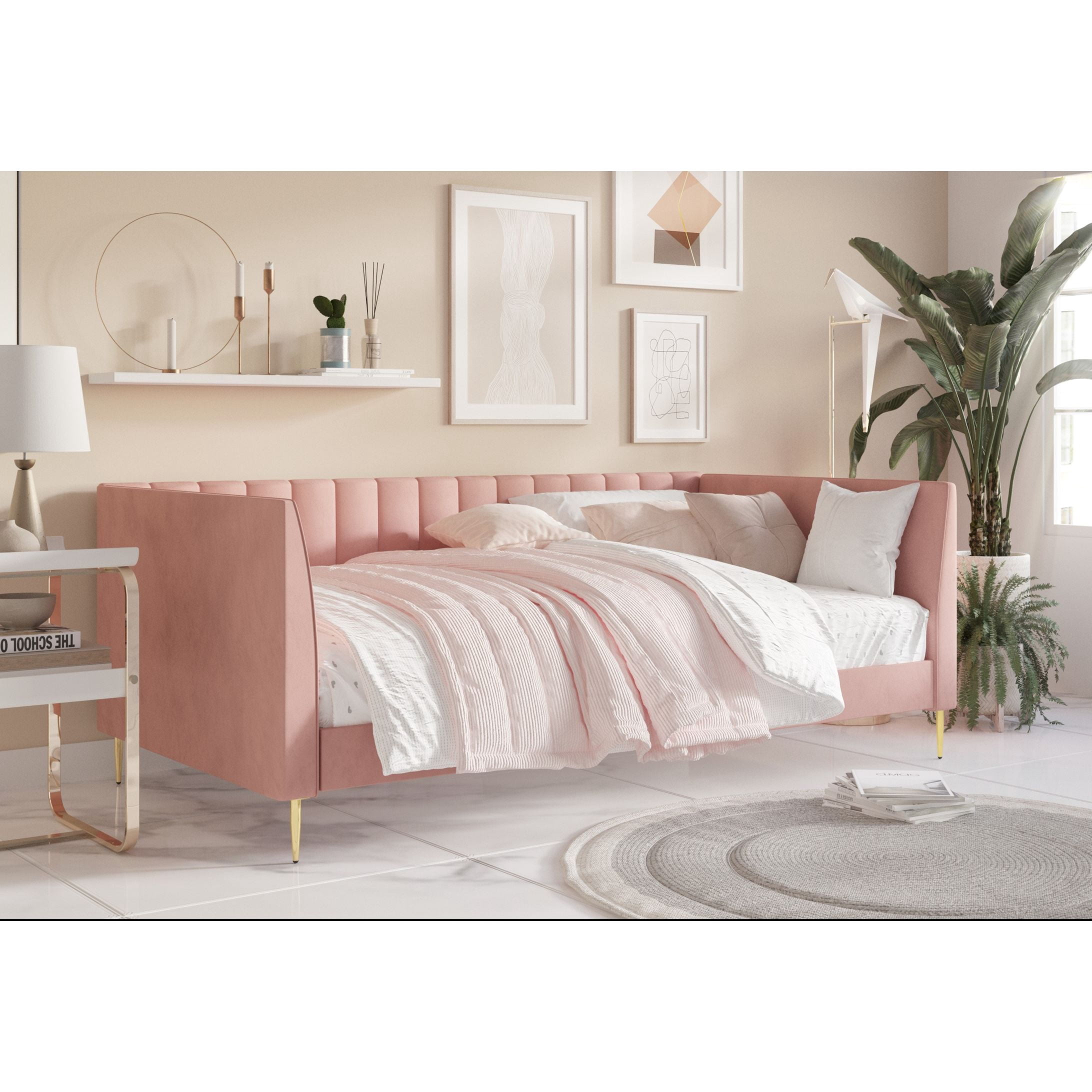 Home Design Delano Twin Upholstered Daybed, Vertical-Channel Tufted Daybed for Adult, Pink, Easy Assembly