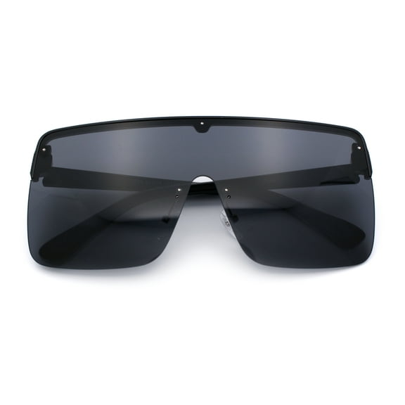 Minimal Oversized Half Rim Shield Flat Top Plastic Mafia Mogul Sunglasses All Black
