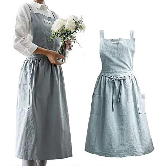 ERDOUY Cotton and linen Kitchen Cooking Aprons Dress for Women with Pockets Cute for Baking Painting Gardening Cleaning
