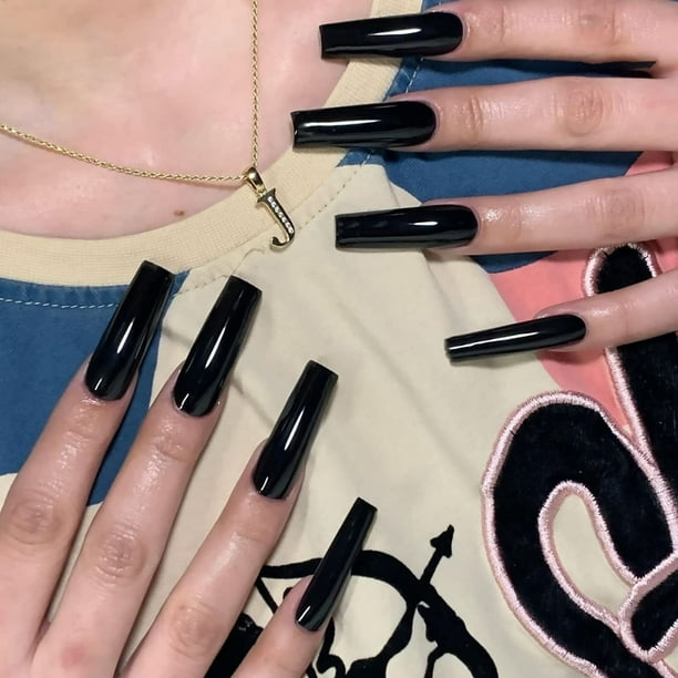 MISUD Uñas postizas cuadradas largas Uñas acrílicas negras Pegamento brillante en uñas Uñas artificiales Squoval Color puro Stick en uñas postizas con diseño 24 piezas
