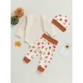 thumbnail image 4 of Wassery Newborn Baby Boy Girl Halloween Clothes Long Sleeve Pumpkin Print Onesie Romper + Pumpkin Pants + Hat 3Pcs Infant Fall Coming Home Outfit 0-24 Months, 4 of 9