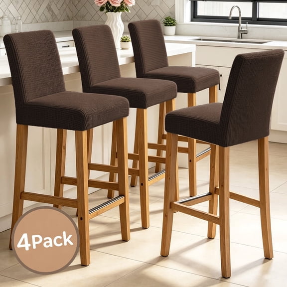 4 Pack Stretch Bar Stool Slipcover, Dining Chair Cover, Elastic Jacquard Fabric Protector for Counter Height Bar Stools with Backrest(Coffee)