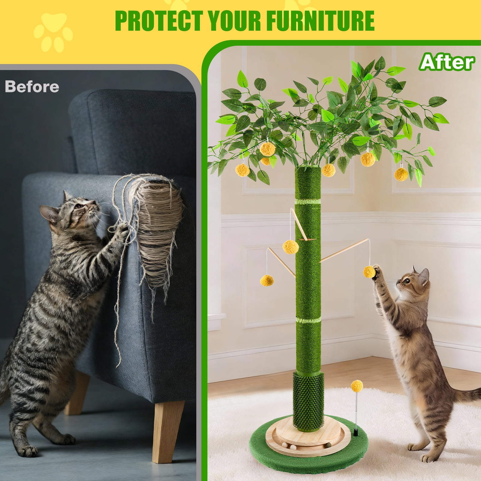45'' Tall Cat Scratcher with Sisal Rope,Cat Scratching Posts for Indoor Cats with Interactive Ball,Self Groomer with Hanging Ball for for Kittens Adults Cats