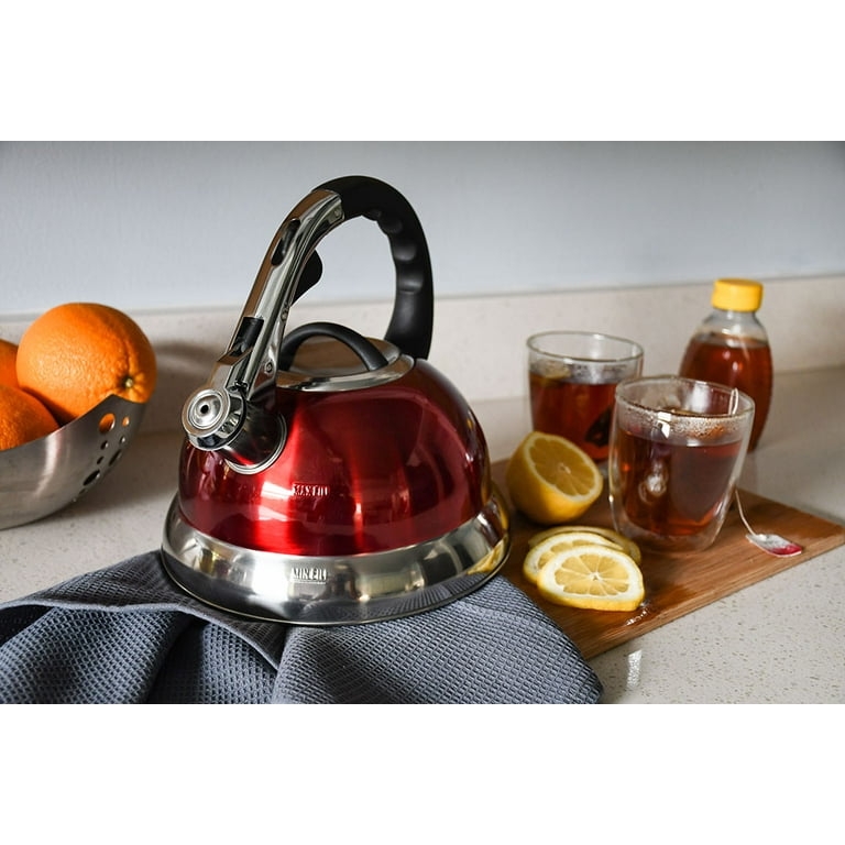 Stainless Steel Stovetop Whistling Tea Kettle 3 Liter (3-Quart) Classic  Teapot with Ergonomic Handle, Works on Induction Cooktops-Red 2408