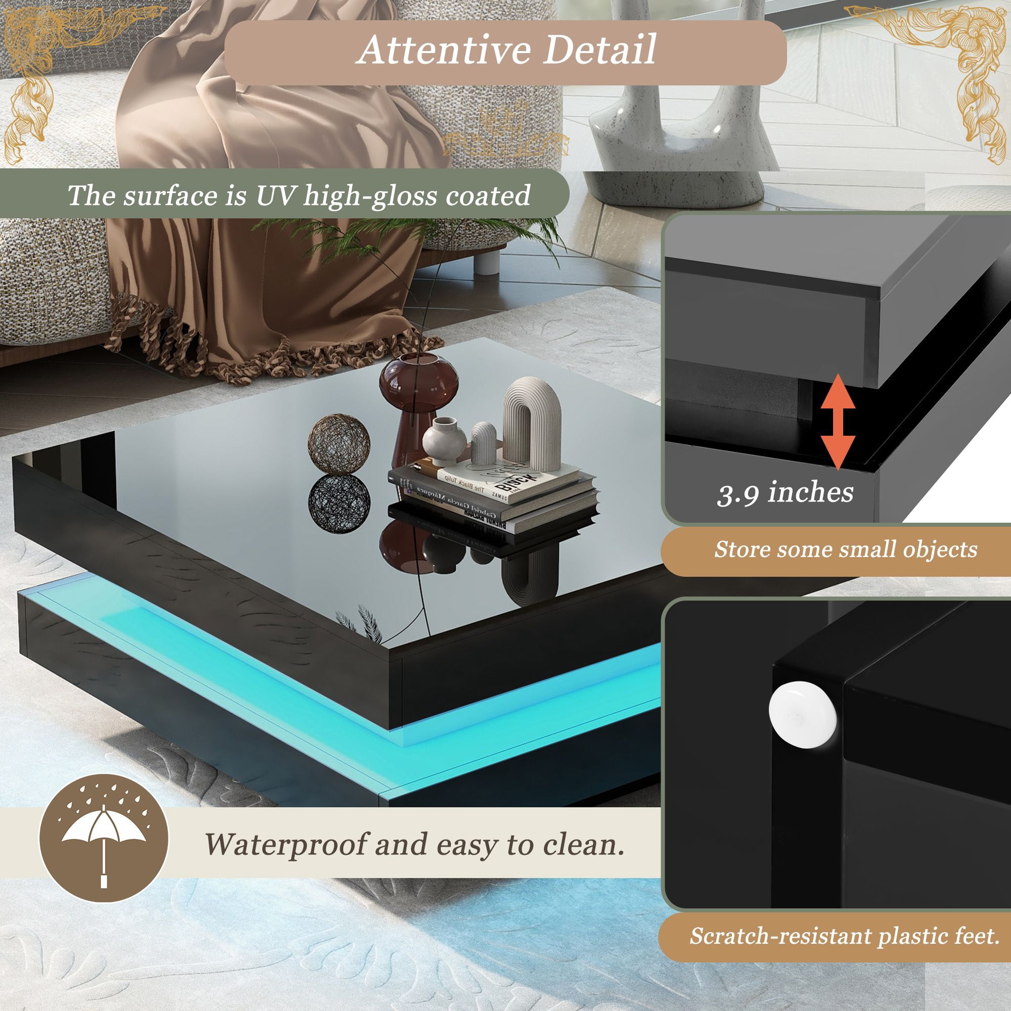 Aukfa Coffee Table with Plug-in 16-Color LED Lights for Living Room - Black