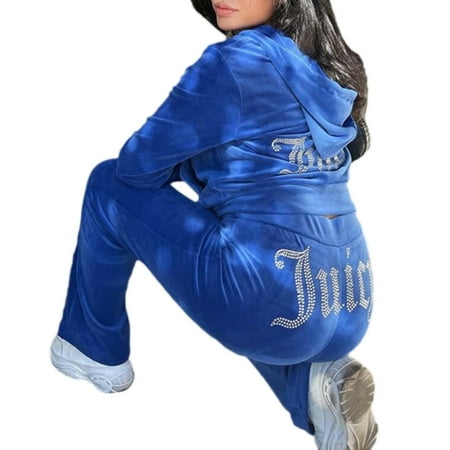 

Women Velvet Tracksuit Jewelry Letter Zipper Crop Top and Pants Outfits Set