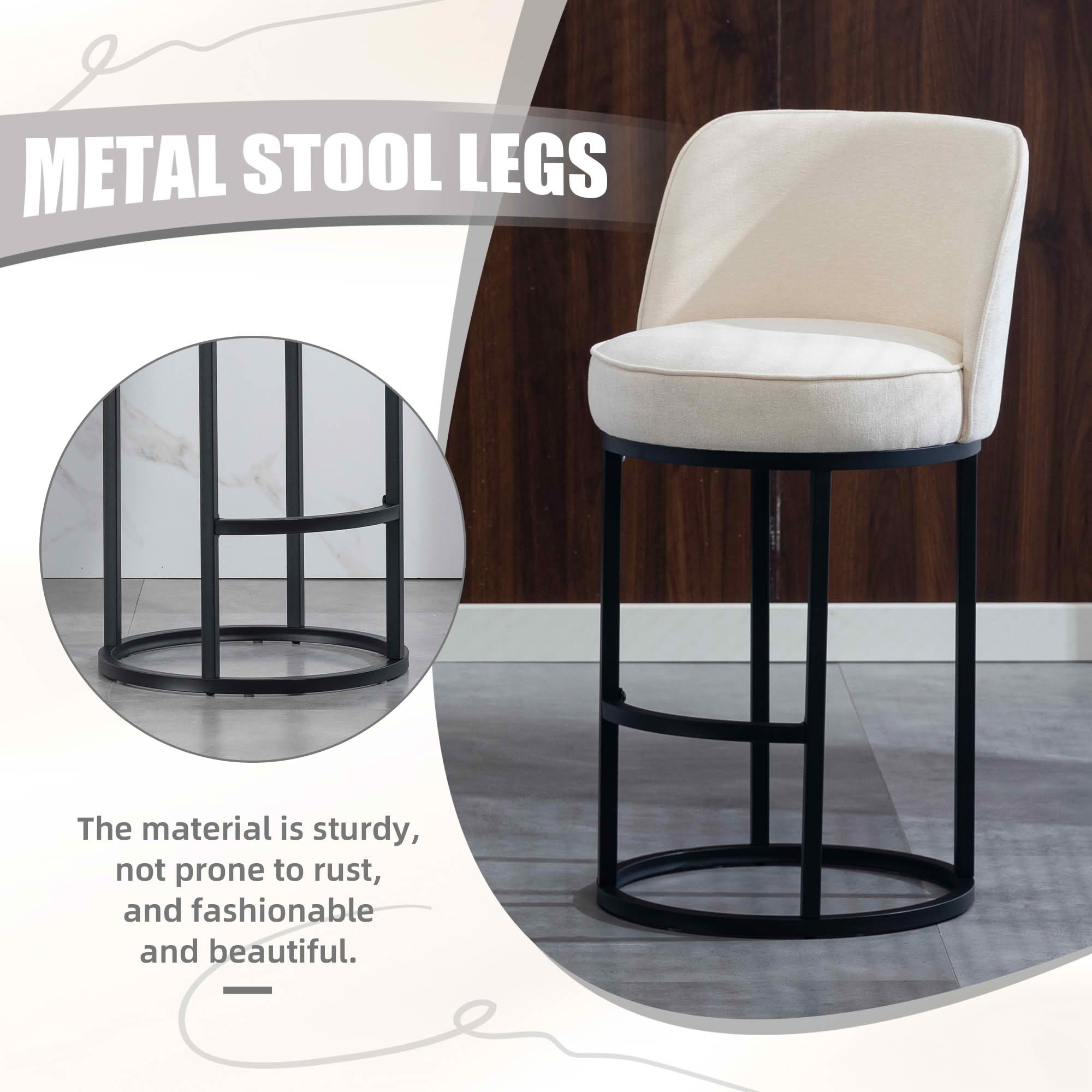 MAYEERTY Counter Height Bar Stools Set of 2, Barrel Back Linen Accent Stools with Footrest for Kitchen, Beige