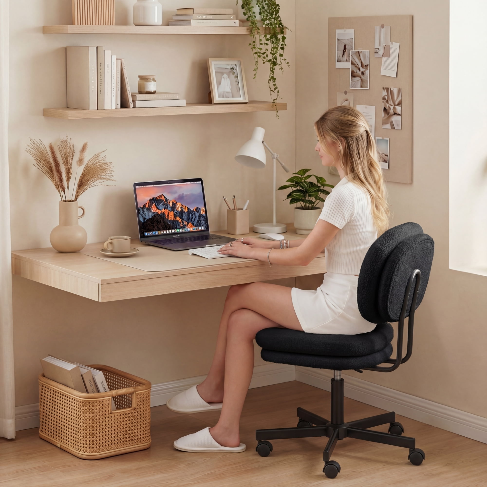 Goosea Office Desk Chair with Double-layer Thick Cushion and Backrest Vanity Chair, Armless Rotatable Computer Chair, Height Adjustable, Black