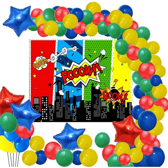Superhero Balloon Arch Garland Kit 109 Latex Blue Green Yellow Red Balloons Set with 16ft Balloon Strip Tape, 2 Pieces Tool for Engagements Birthday Graduations Superhero Themed Party Decor