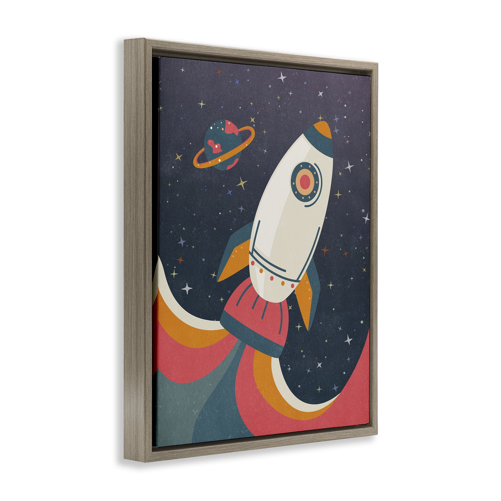 Stupell Industries Retro Space Rocket Astrology & Stars Painting Brown Floater Framed Canvas Art Print Wall Art, 17 x 21