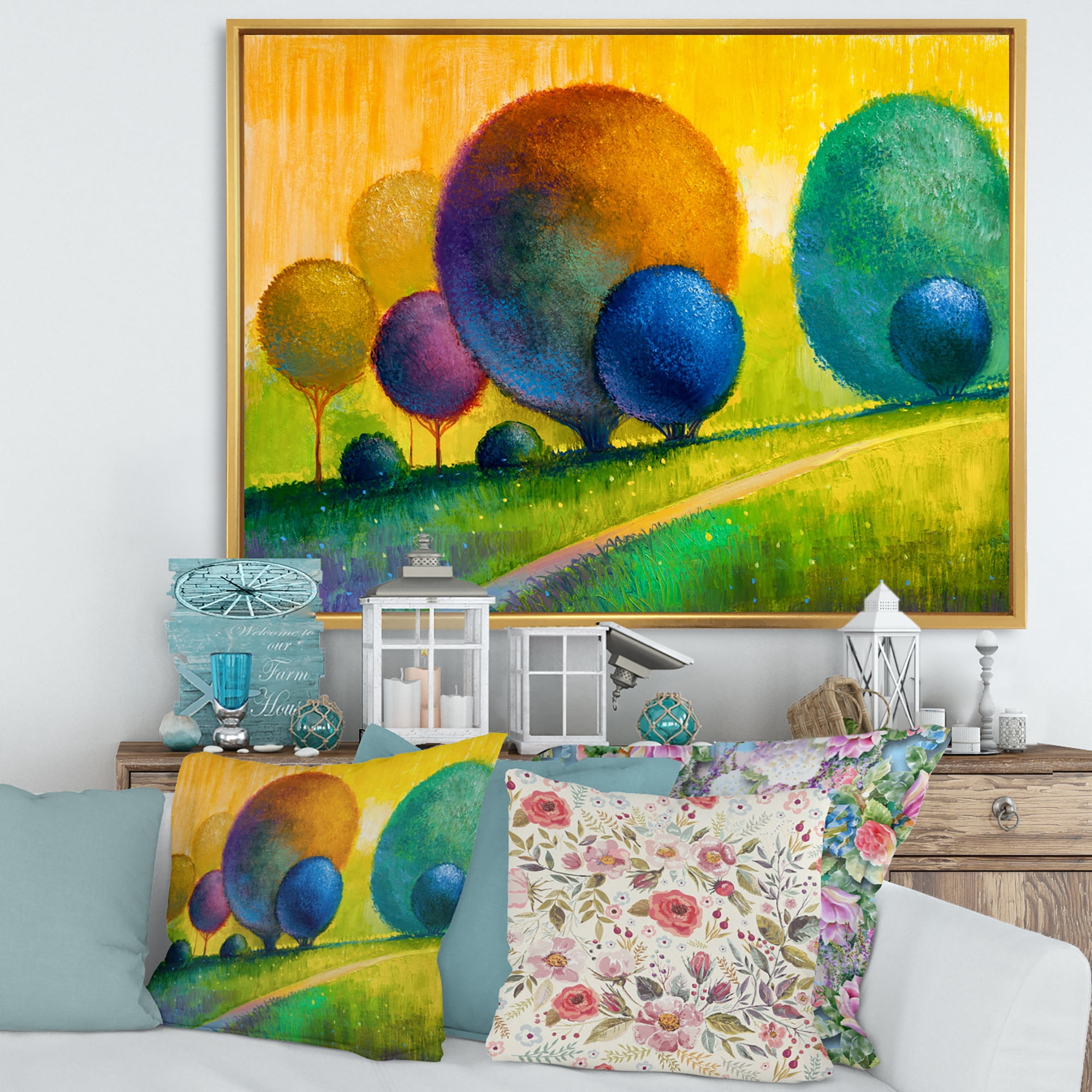 Designart 'Ornamental Colourful Trees III' Modern Framed Canvas Wall Art Print
