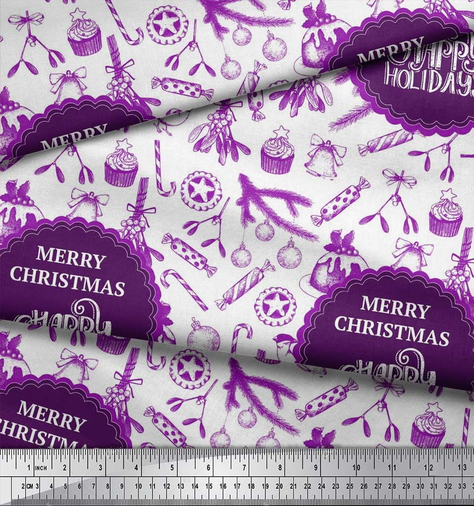 Soimoi Purple Velvet Fabric Candies,Bell & Baubles Christmas Decor Fabric Printed Yard 58 Inch Wide