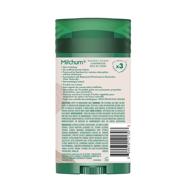 Mitchum Men’s Natural Power Deodorant Solid, Cedarwood, 2.7 oz