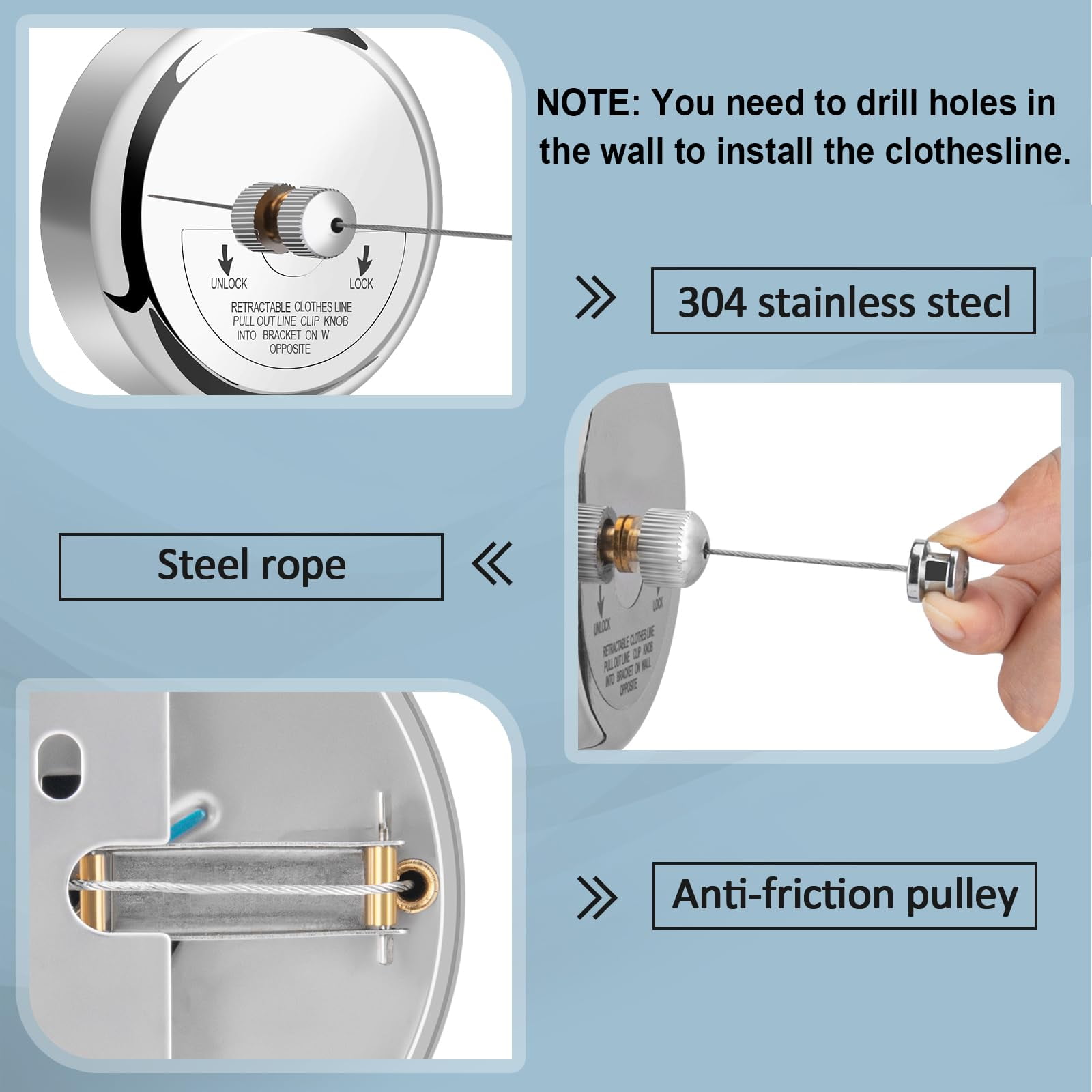 Retractable Clothesline - 304 Stainless Steel Retractable Clothesline Indoor with Adjustable Nylon Rope, Wall Mounted Retractable Laundry Line, Laundry Accessories