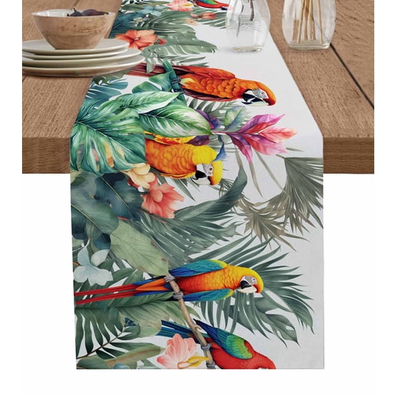 Table Runner Dresser Scarf 13 x 70 Inch Summer Tropical Palm Tree with Parrot Table Runners Non-Slip Heat Kitchen Dining Table Decor for Indoor Outdoor Home Party Decoration