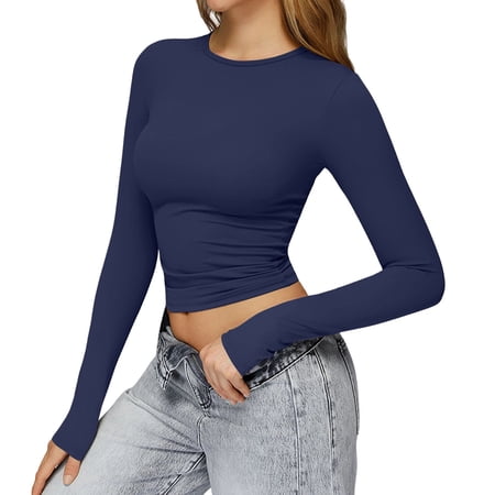 Ygbgbb Womens Long Sleeve Crop Tops Slim Fit Yoga Tops Quick Dry Stretch Gym Workout Shirts Spring Summer Fashion Outfits 2026 Teen Girl Clothes Blue XS