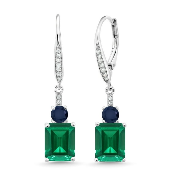 Gem Stone King 4.70 Cttw Green Nano Emerald and Blue Sapphire Dangle Earrings for Women | 925 Sterling Silver | Gemstone May Birthstone | Emerald Cut 9X7MM