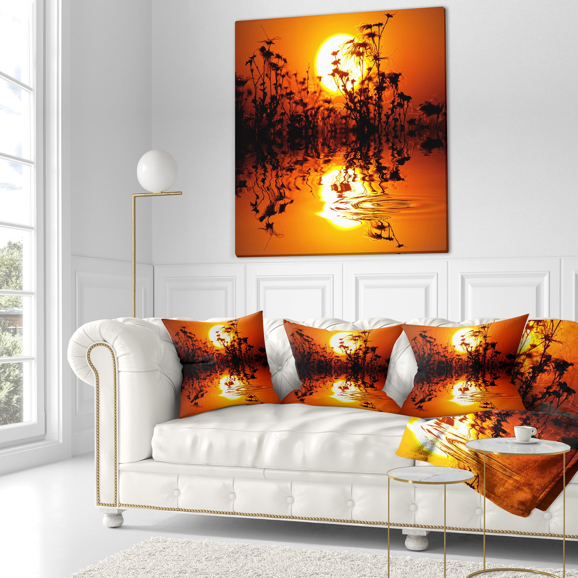Designart Flowers Silhouette View At Sunset - Landscape Printed Throw Pillow - 16x16