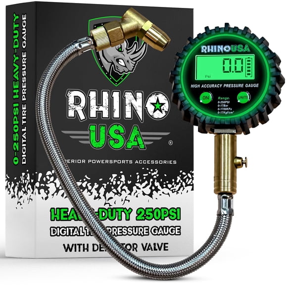Rhino USA Digital Tire Pressure Gauge (0-250 PSI) - Professional ANSI B40.7 Accurate, Easy Read Glow Dial, Premium Braided Hose - Heavy Dut
