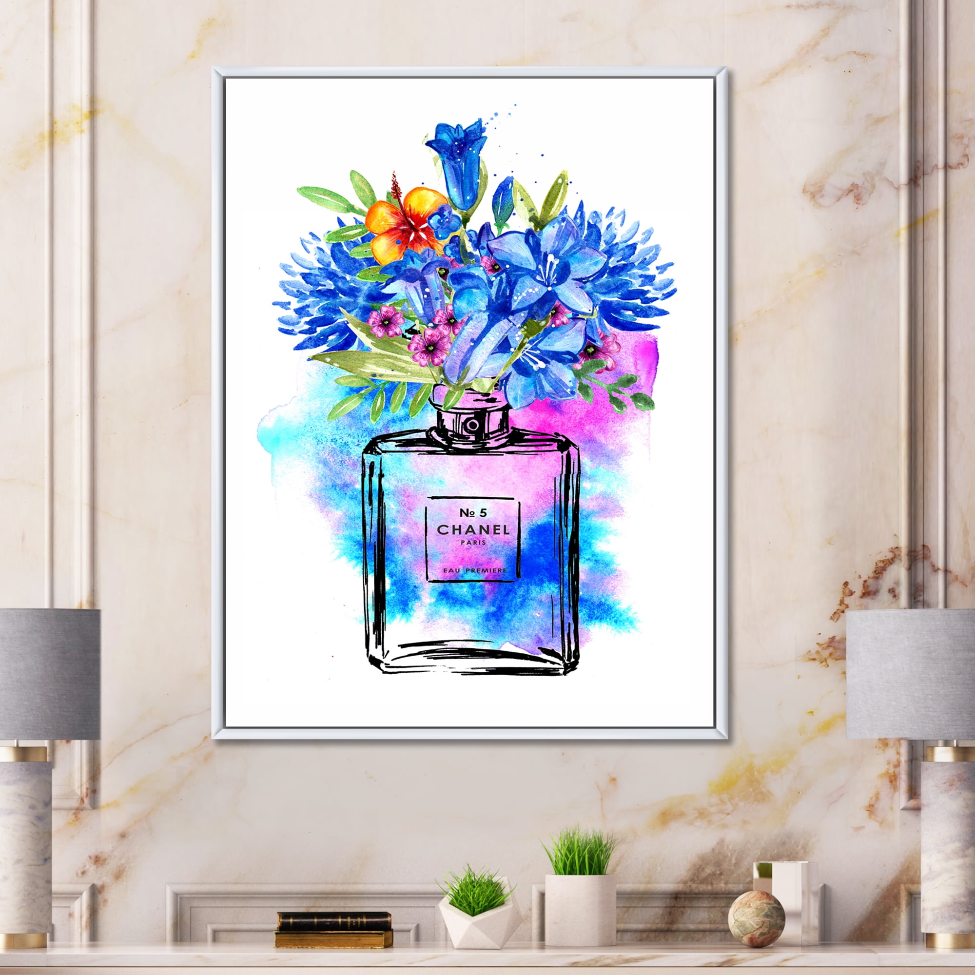 Designart 'Perfume Chanel Five With Blue Flowers' French Country