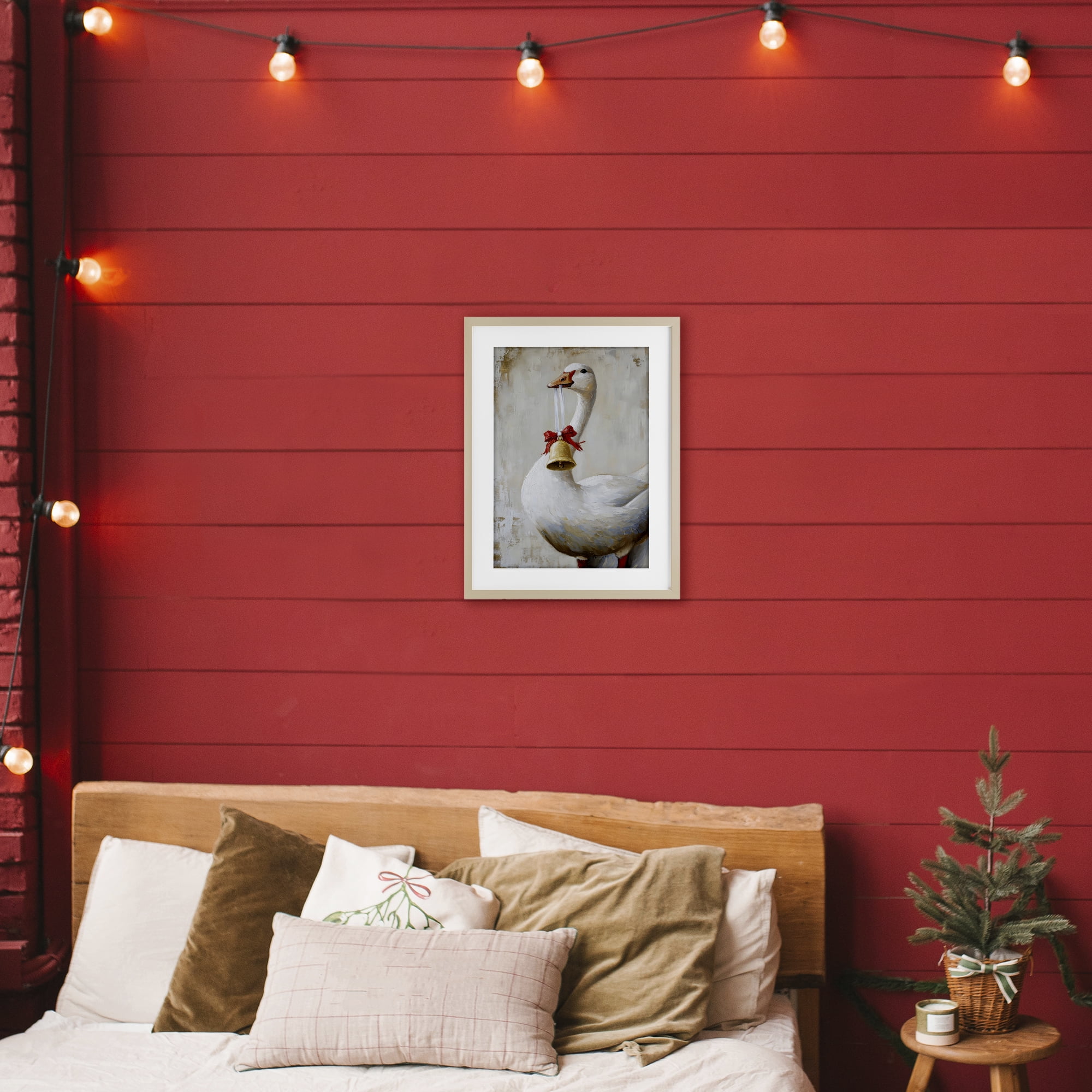 Festive Jingle Goose Birch Framed Print Under Glass, design by Petal Prints Design