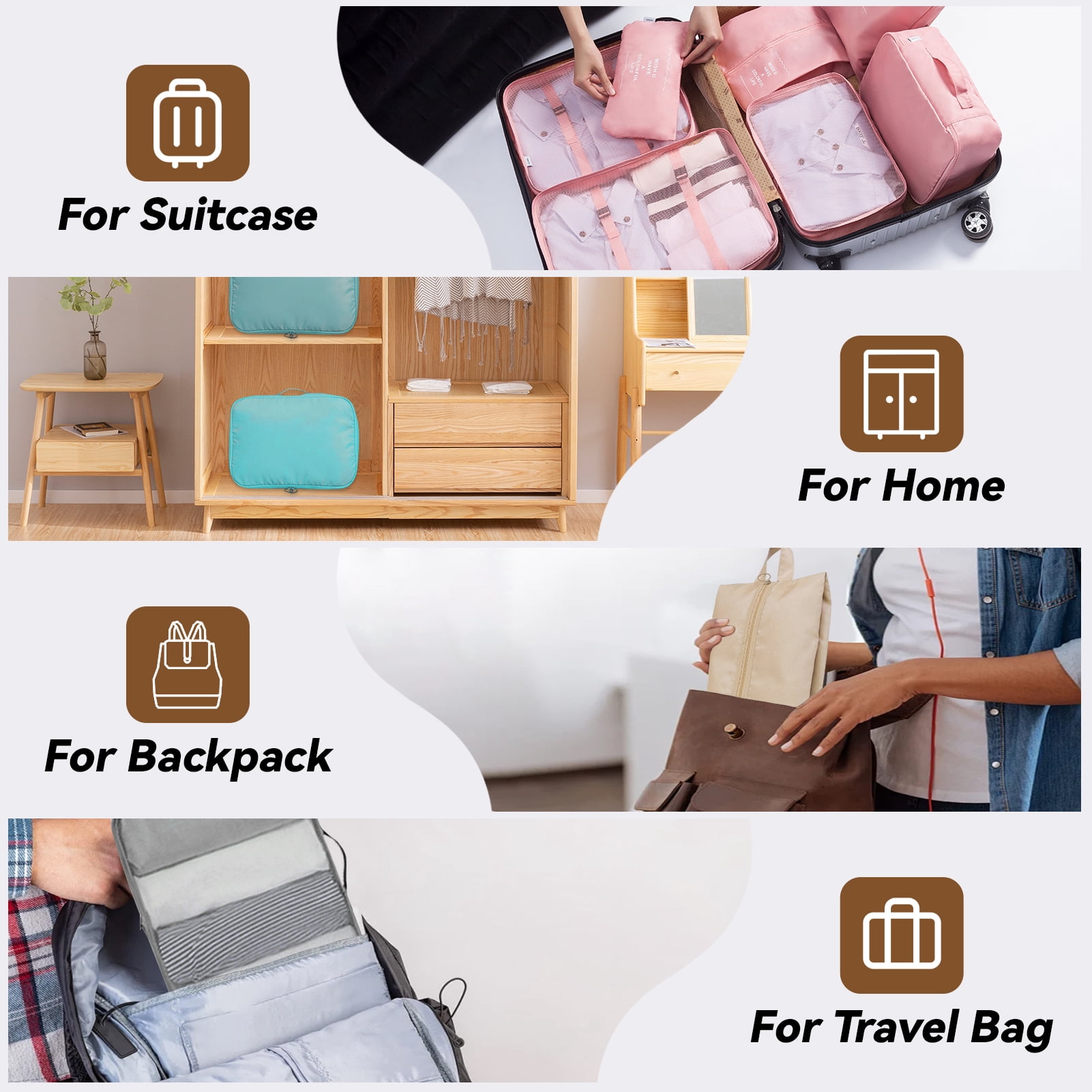 HonorHut 8 Set Packing Cubes Lightweight Organizer Bags Mesh Luggage Packing Bags Durable Storage Totes Travel Essentials Accessories Beige