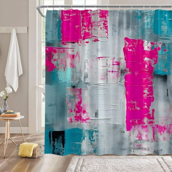 Hot Pink Shower Curtain Turquoise Teal Gray Pink Burnt Abstract Brushstrokes Painting Modern Art Fabric Bathroom Curtain Sets with Hooks