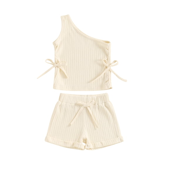Aojekbee Toddler Girls Summer Outfits Solid Color Oblique Shoulder Drawstring Ribbed Knit Tank Tops Shorts 2Pcs Clothes Set