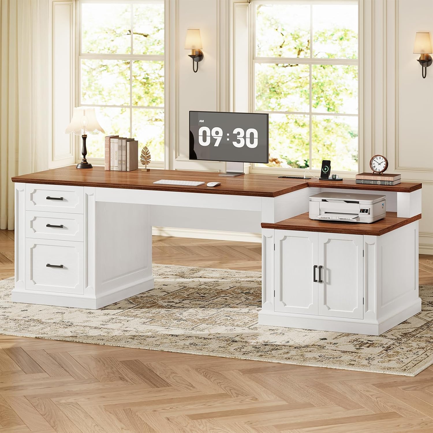 SEDETA 71 Inch Farmhouse Computer Desk with Storage, Mid Century Style Wood Home Office Desk with Power Outlets,3 Wood Drawers and Cabinet, Executive Desk, Writing Desk for Bedroom, White & Brown