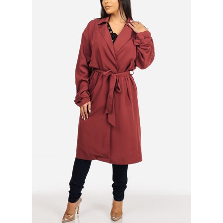 London Fog Belted Trench Fashion Casual Womens Juniors Solid Brick Belted Long Sleeve Trench Coat Outwear Jacket 40258S ()