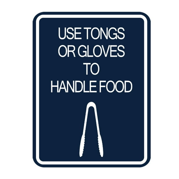 Signs ByLITA Portrait Round Use Tongs or Gloves To Handle Food Door or Wall Sign Durable ABS Plastic | Laser Engraved | Easy Installation | Kitchen | Hygiene Sign (Navy Blue / White) - Large