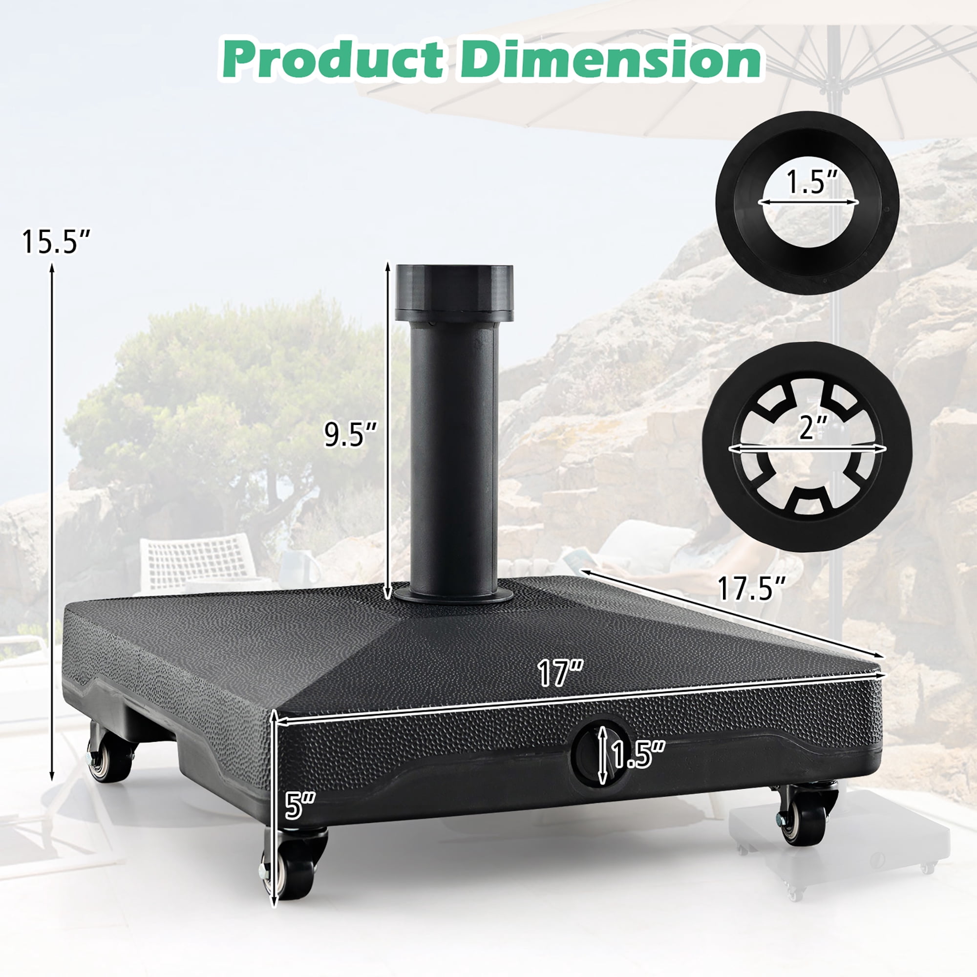 Gymax Patio Umbrella Base w/ 4 Universal Wheels 2 Receivers Square Pole Stand Outdoor