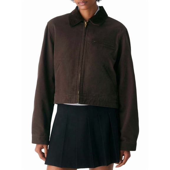 Cropped Jacket Women Long Sleeve Lapel Neck Zip Up Jackets for Women Brown L