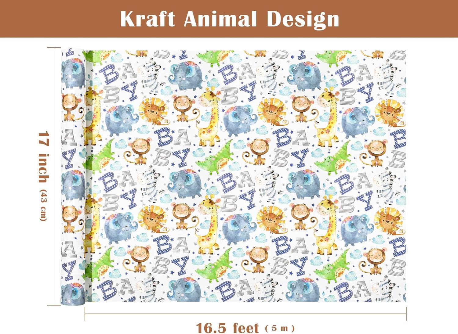 Kraft Baby Shower Wrapping Paper Roll - Mini Roll - 17 Inch x 16.5 Feet - Cute Animal Wrapping Paper for Baby Shower, Kids Girls Birthday Birthday