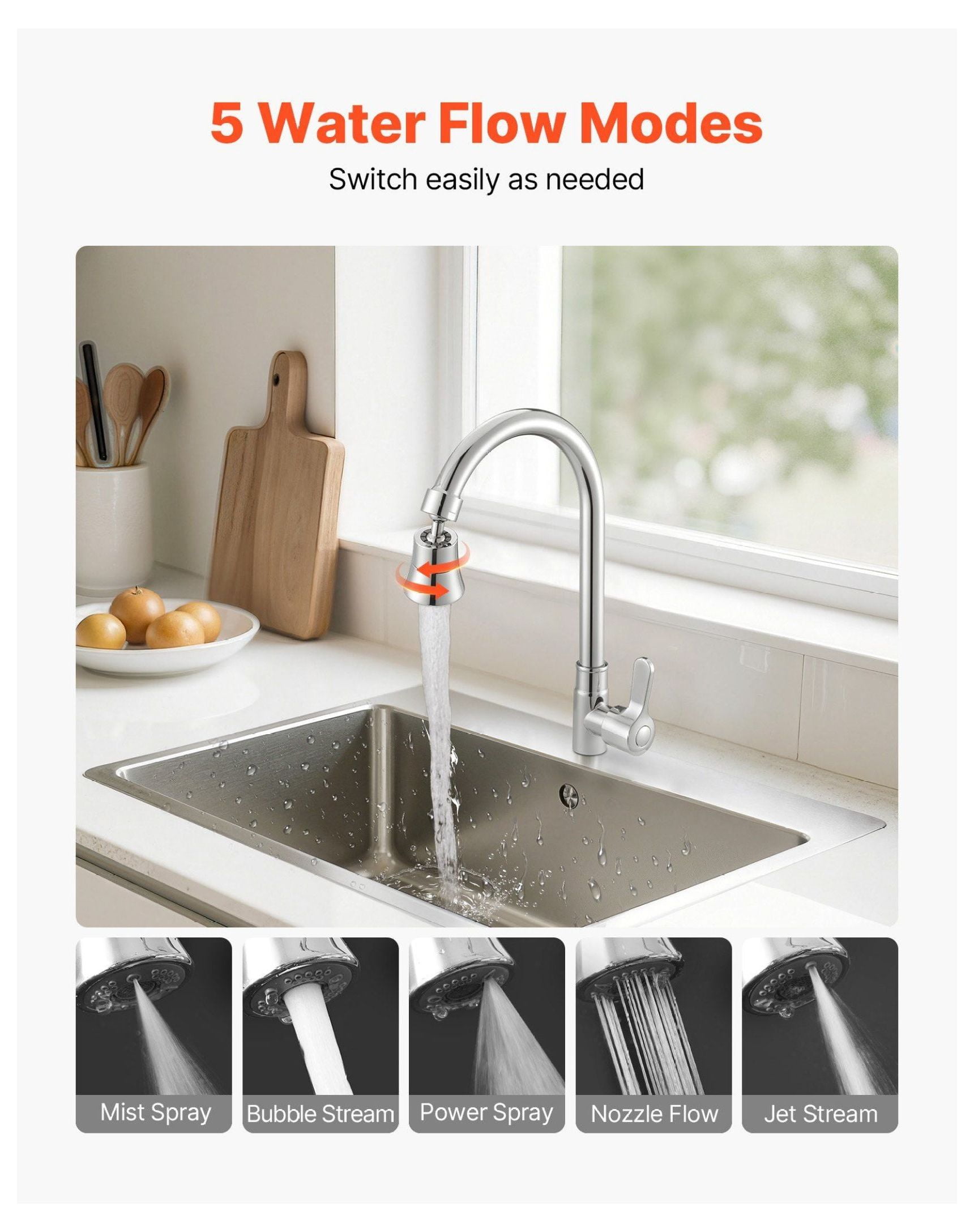 Faucet Aerator 360° Swivel Kitchen Sink Aerator - 5-Flow Brass Adapter - Flexible Rotation, Easy Install, Multi-Function Spray